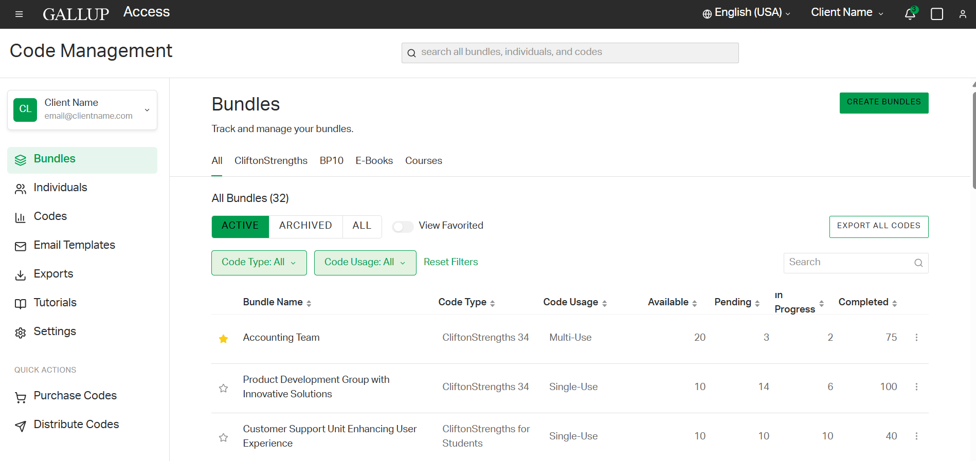Screenshot of the Code Management page